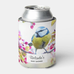 Pretty Blue & Yellow Bird on a Branch Baby Shower Can Cooler