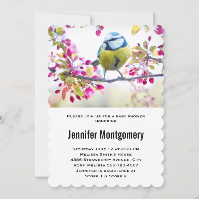 Pretty Blue & Yellow Bird on a Branch Baby Shower Invitation (Front)
