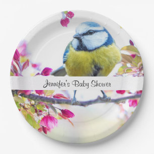 Pretty Blue & Yellow Bird on a Branch Baby Shower Paper Plates