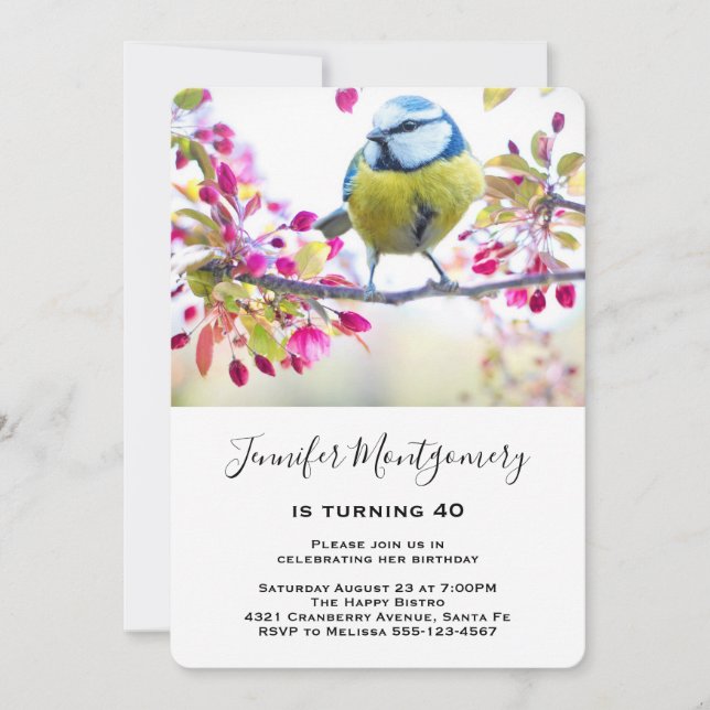 Pretty Blue & Yellow Bird on a Branch Birthday Invitation (Front)