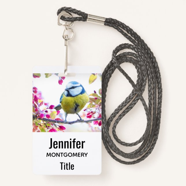 Pretty Blue & Yellow Bird on a Branch Photograph Badge (Front with Lanyard)