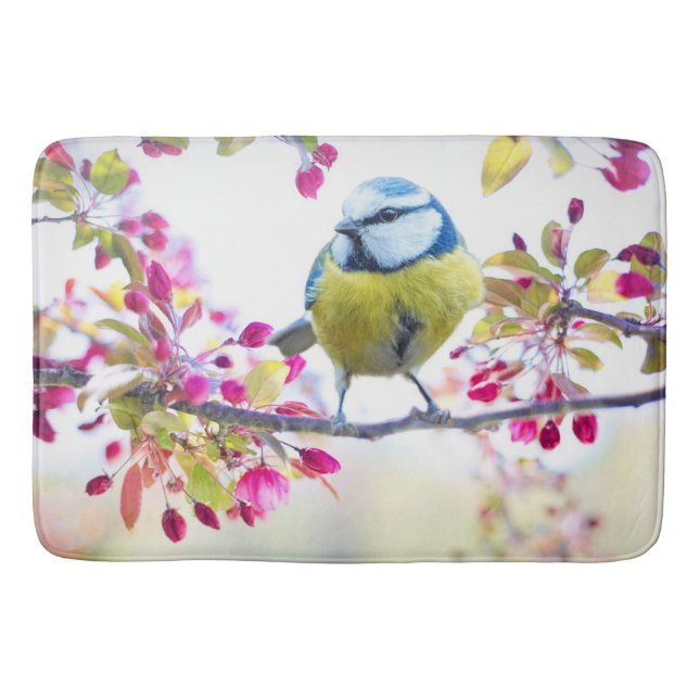 Pretty Blue & Yellow Bird on a Branch Photograph Bath Mat (Front)