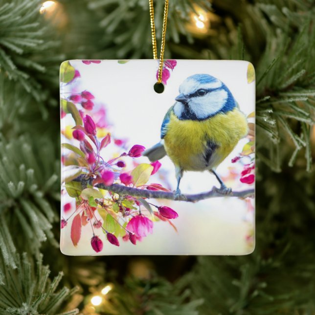 Pretty Blue & Yellow Bird on a Branch Photograph Ceramic Ornament (Tree)