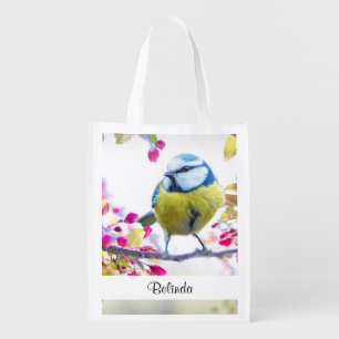 Pretty Blue & Yellow Bird on a Branch Photograph Grocery Bag