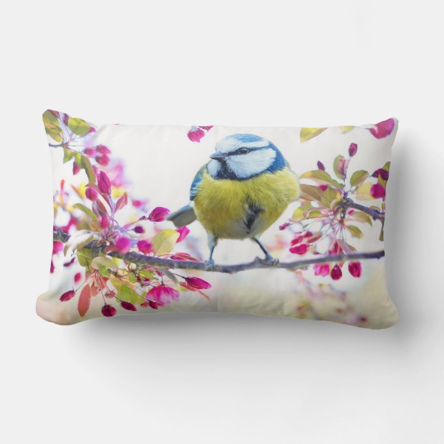 Pretty Blue & Yellow Bird on a Branch Photograph Lumbar Pillow (Front)