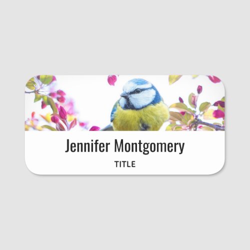 Pretty Blue  Yellow Bird on a Branch Photograph Name Tag