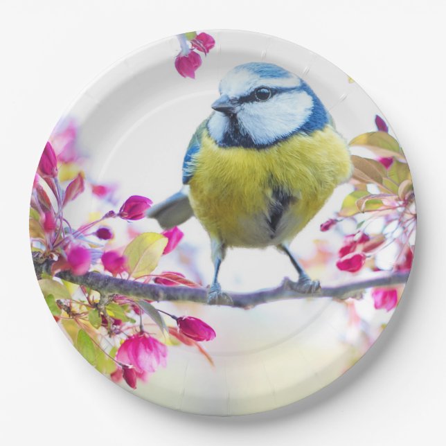 Pretty Blue & Yellow Bird on a Branch Photograph Paper Plates (Front)