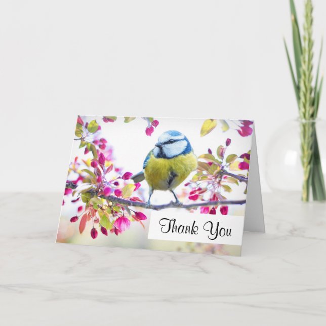 Pretty Blue & Yellow Bird on a Branch Thank You Card (Front)
