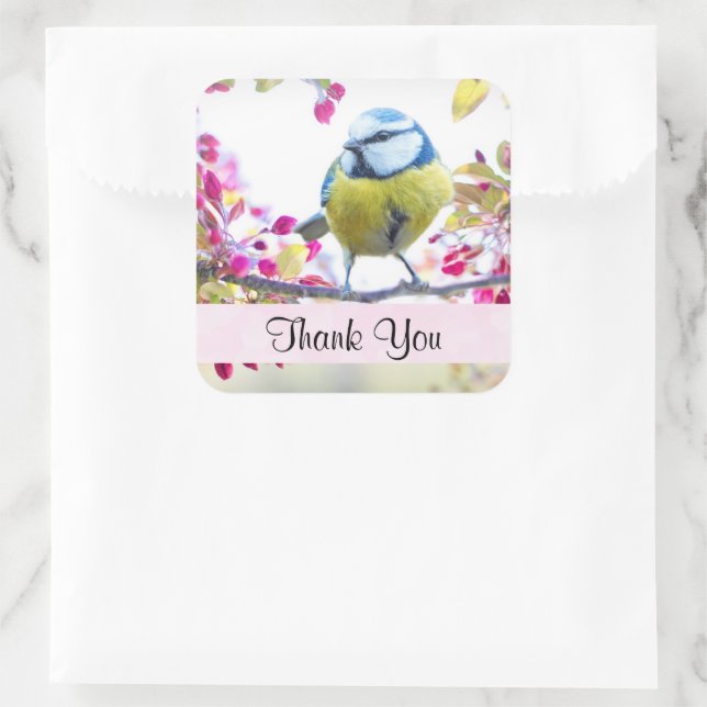 Pretty Blue & Yellow Bird on a Branch Thank You Square Sticker (Bag)
