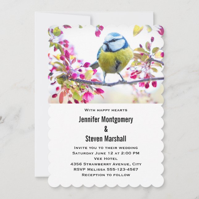 Pretty Blue & Yellow Bird on a Branch Wedding Invitation (Front)