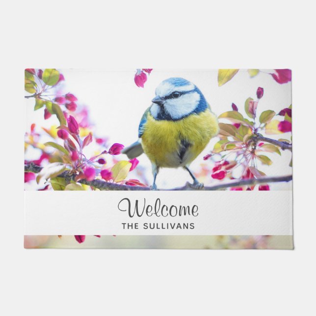 Pretty Blue & Yellow Bird on a Branch Welcome Doormat (Front)