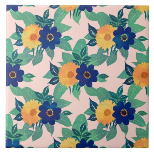 Pretty Blue Yellow floral and foliage pink Design Ceramic Tile