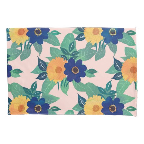 Pretty Blue Yellow floral and foliage pink Design Pillow Case