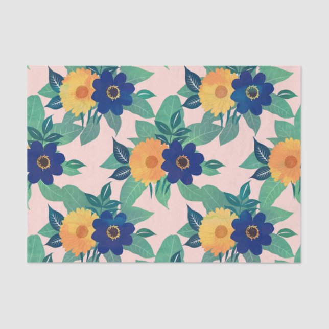 Pretty Blue Yellow floral and foliage pink Design Tissue Paper (Front)