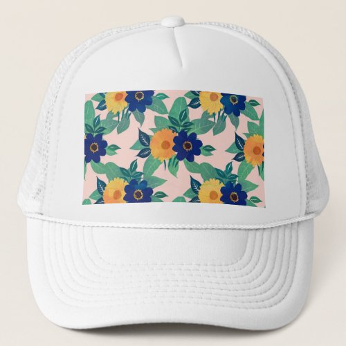 Pretty Blue Yellow floral and foliage pink Design Trucker Hat