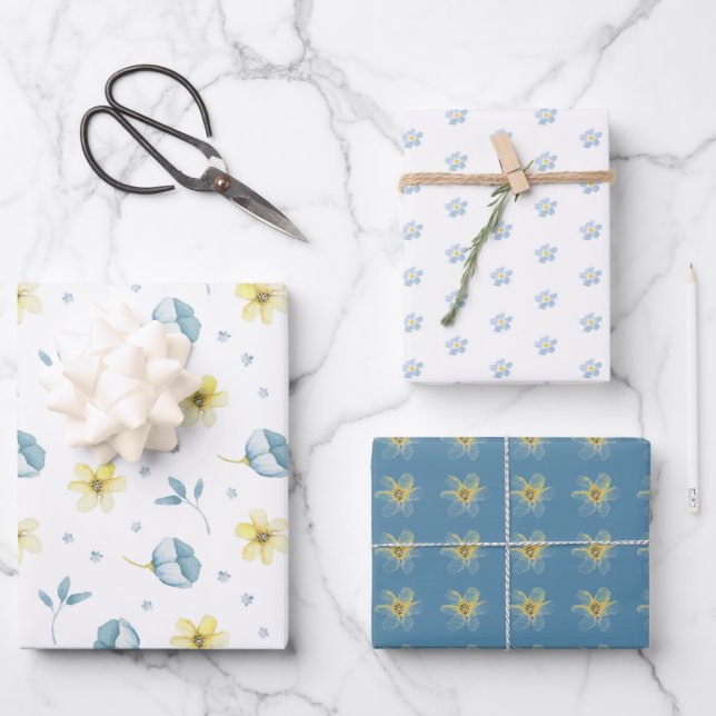 Pretty Blue Yellow Floral Baby Shower Wrapping Paper Sheets (Front)