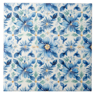 Pretty Blue & Yellow Floral Mediterrean Ceramic Tile