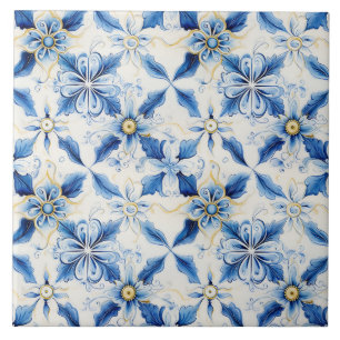 Pretty Blue & Yellow Floral Mediterrean Ornate Ceramic Tile