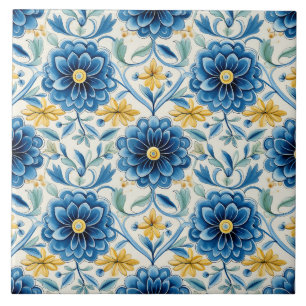 Pretty Blue & Yellow Floral Vintage Ceramic Tile