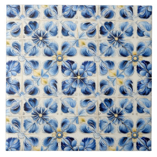 Pretty Blue & Yellow Floral Vintage Ceramic Tile