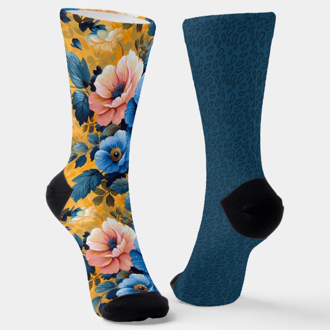 Pretty Blue Yellow Orange Patterns Odd Mismatched  Socks (Angled)