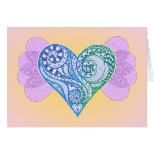 Pretty Blue Zen Tangle Heart with Wings on Pink Cards (Front Horizontal)