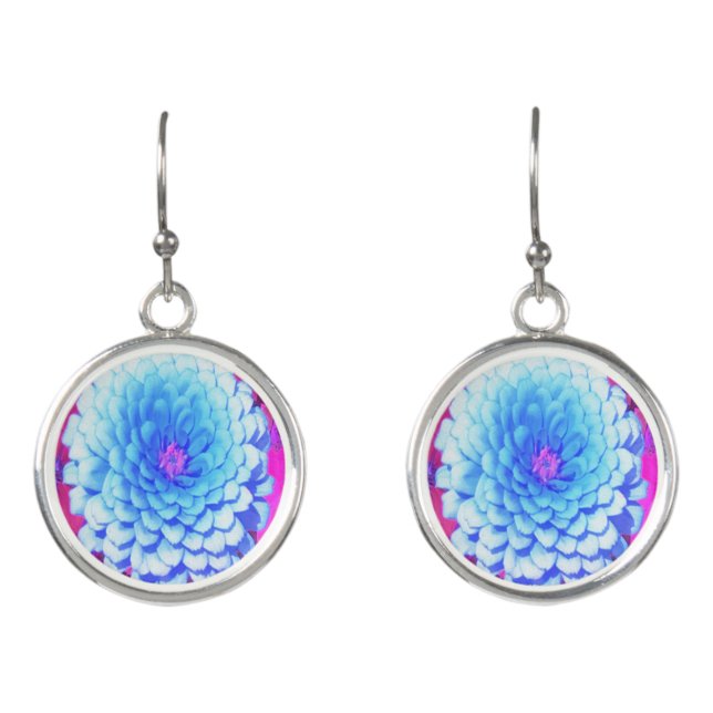 Pretty Blue Zinnia in the Purple Summer Garden Earrings (Front)