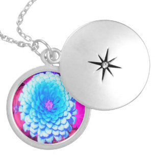 Pretty Blue Zinnia in the Purple Summer Garden Locket Necklace