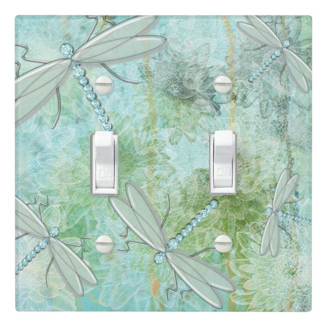 Pretty Blues And Green Dragonfly Light Switch Cover (In Situ)