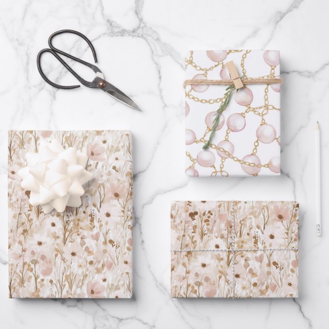 Pretty Blush Brown Floral Bridal Shower Wrapping Paper Sheets (Front)