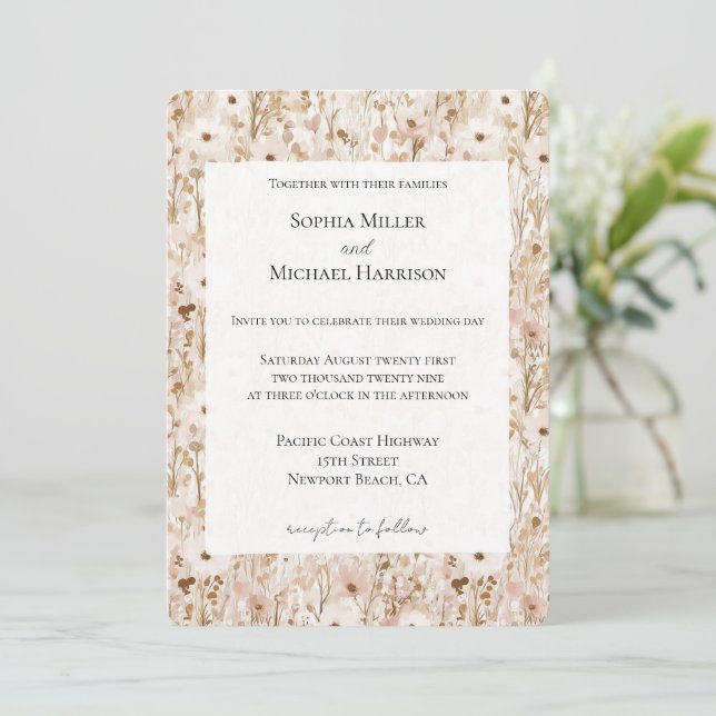 Pretty Blush Brown Floral Wedding Invitation (Standing Front)