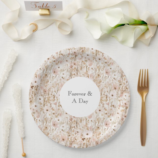 Pretty Blush Brown Floral Wedding Paper Plates (Wedding)