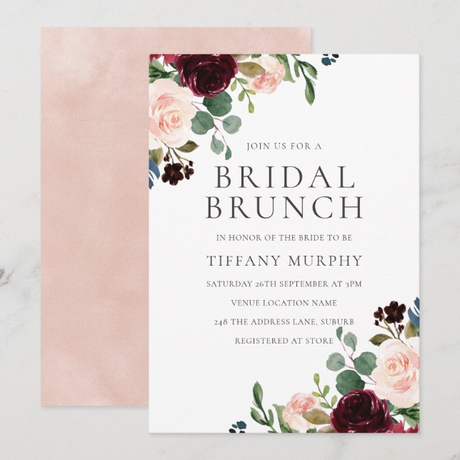 Pretty Blush Burgundy Floral Bridal Shower Brunch Invitation (Front/Back)