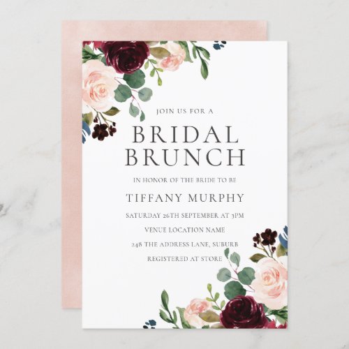 Pretty Blush Burgundy Floral Bridal Shower Brunch Invitation