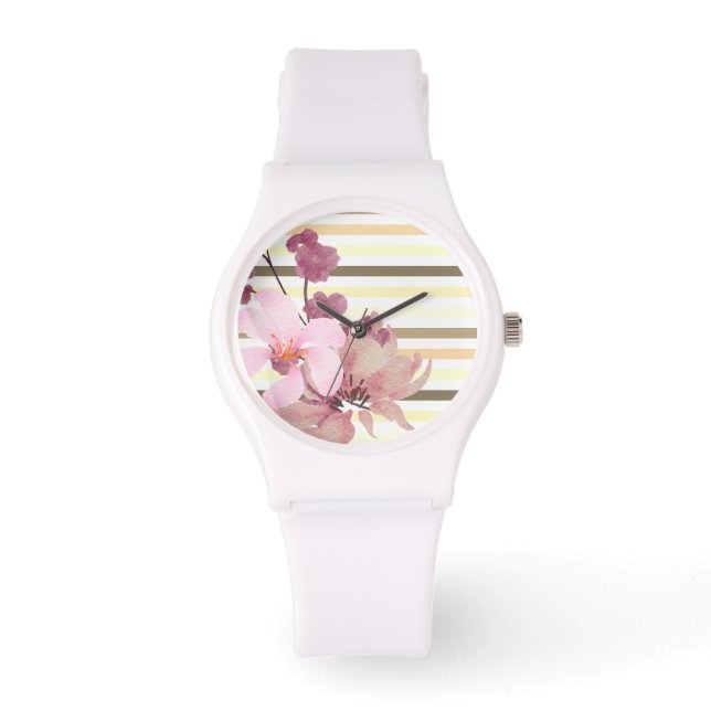 Pretty Blush Colored Floral Striped  Watch (Front)