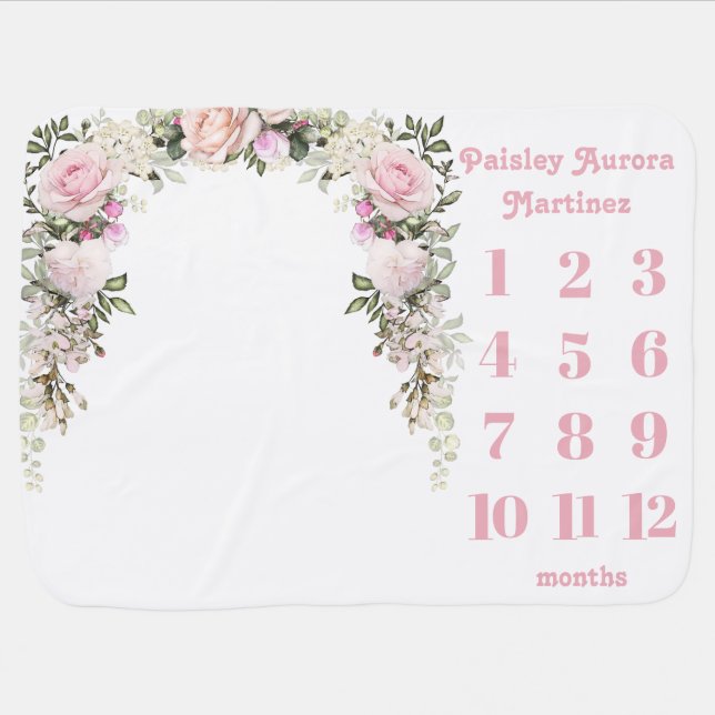 Pretty Blush Dusty Pink Rose Floral Milestone Baby Blanket (Horizontal)