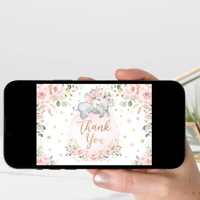 Pretty Blush Floral Elephant Baby Shower Thank You Card (Front Digital)