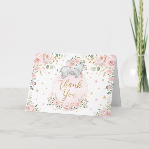 Pretty Blush Floral Elephant Baby Shower Thank You Card