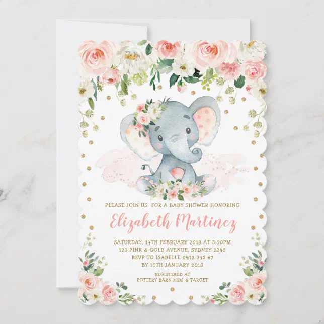 Pretty Blush Floral Elephant Girl Baby Shower Invitation | Zazzle