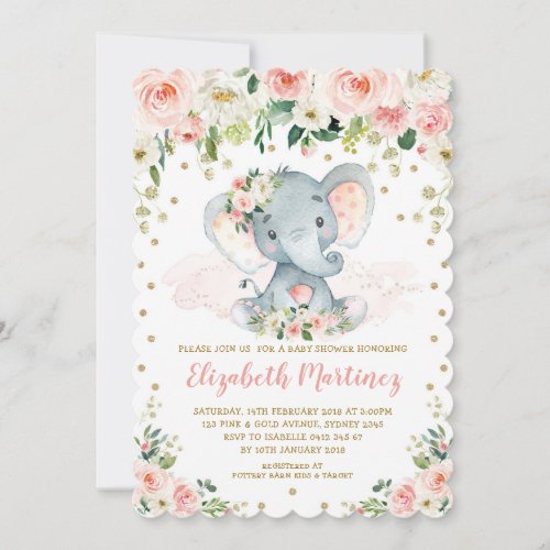 Pretty Blush Floral Elephant Girl Baby Shower Invitation