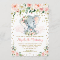 Pretty Blush Floral Elephant Girl Baby Shower Invitation