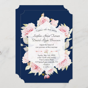 Pretty Blush Floral Geometric Navy Blue Wedding Invitation