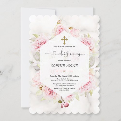 Pretty Blush Floral Girl Christening Calligraphy Invitation
