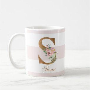 Pretty Blush Floral Gold Foil Letter S Monogram Coffee Mug