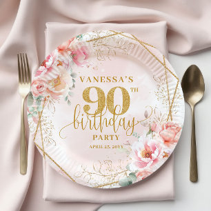 Pretty Blush Floral Gold Frame 90th Birthday Party Paper Plates