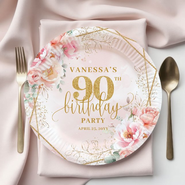 Pretty Blush Floral Gold Frame 90th Birthday Party Paper Plates (Pretty Blush Floral Gold Frame 90th Birthday Party Plate)