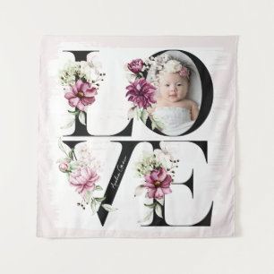 Pretty Blush Floral LOVE Baby Girl Birthday Decor Tapestry