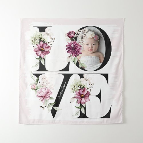 Pretty Blush Floral LOVE Baby Girl Birthday Decor Tapestry