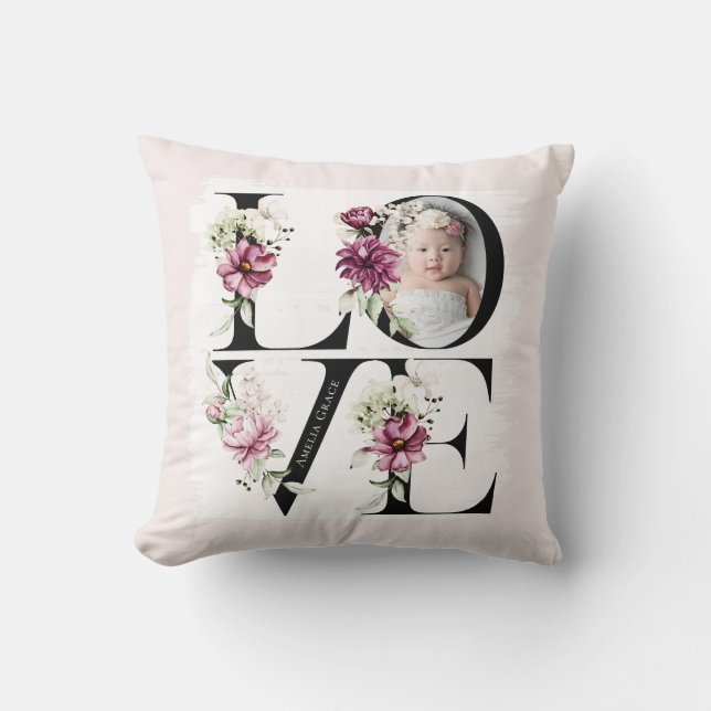 Pretty Blush Floral LOVE Baby Girl Nursery Decor Throw Pillow (Front)