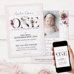 Pretty Blush Floral ONE Baby Girl's First Birthday Invitation